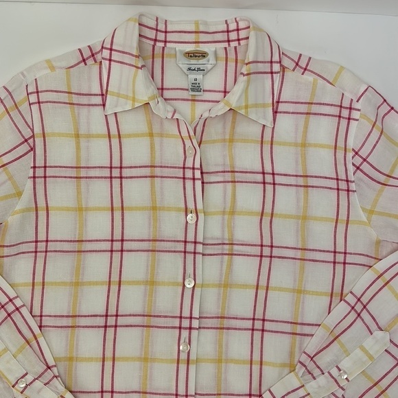 Talbots Irish Linen Windowpane Button Up Shirt Size 10 Long Sleeve Pink … - Picture 4 of 12